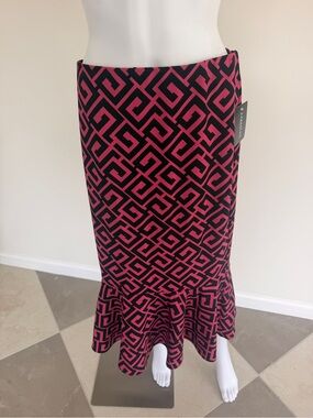 Fitted Geometric Maxi Skirt in Pink and Black with Flounce